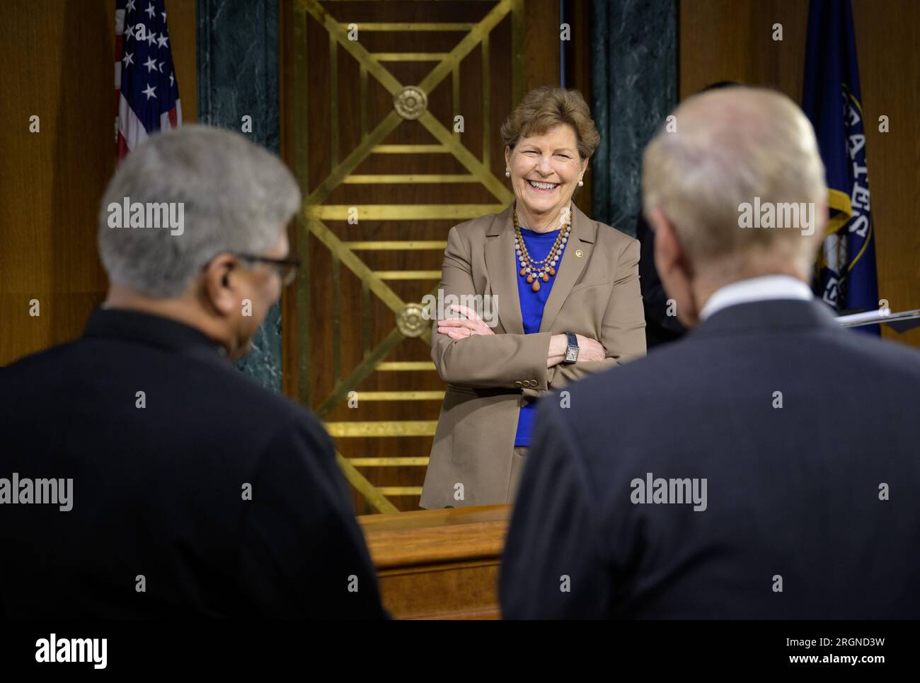Reportage: NASA before the Senate Appropriations’ Commerce, Justice, Science, and Related Agencies subcommittee (May 2022) - Senator Jeanne Shaheen, talks with National Science Foundation Director Sethuraman Panchanathan, left, and NASA Administrator Bill Nelson prior to a hearing, Tuesday, May 3, 2022, at the Dirksen Senate Office Building Stock Photo