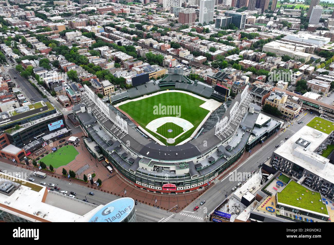 A general overall aerial view of Wrigley Field, Monday, Aug. 7, 2023, in Chicago. Stock Photo