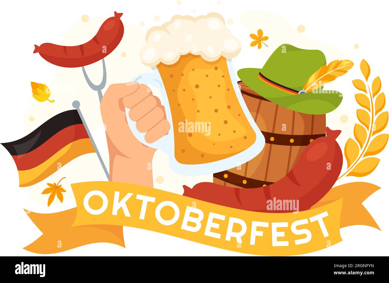 Happy Oktoberfest Party Festival Vector Illustration with Beer, Sausage, Gingerbread, German Flag and ets Background Flat Cartoon Hand Drawn Templates Stock Vector