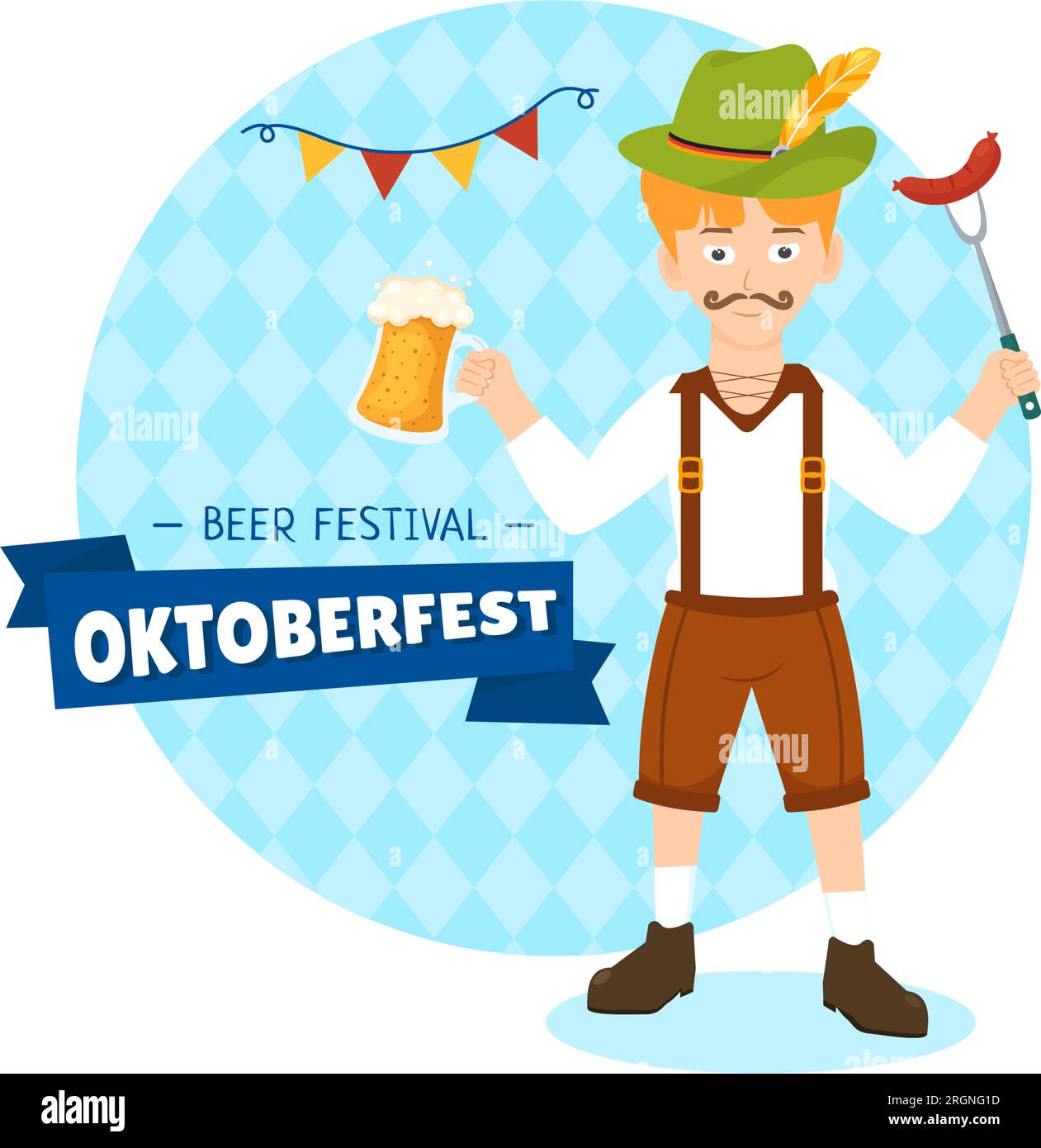 Happy Oktoberfest Party Festival Vector Illustration with Beer, Sausage, Gingerbread, German Flag and ets Background Flat Cartoon Hand Drawn Templates Stock Vector