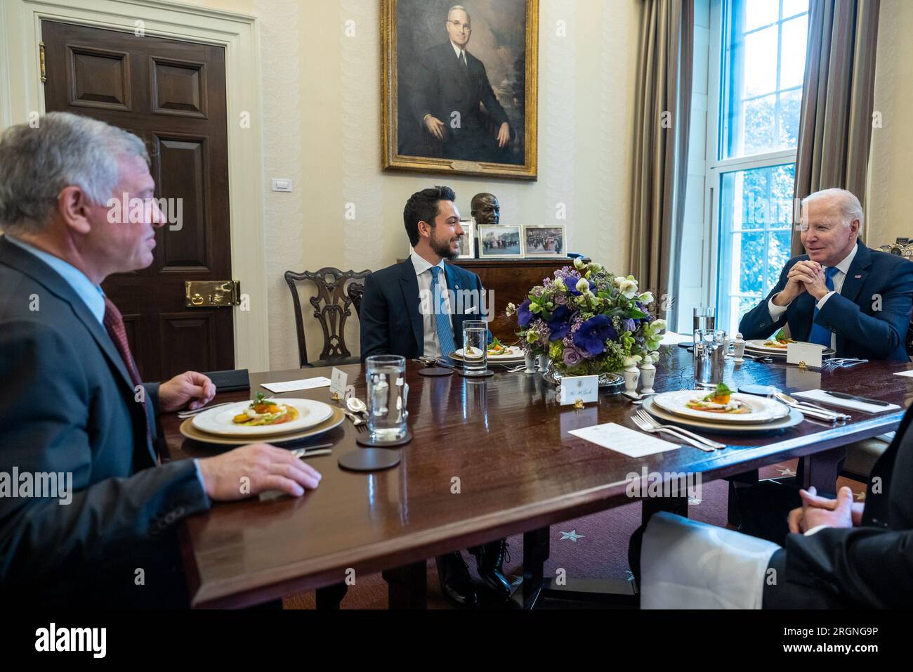 Reportage: President Joe Biden hosts a lunch with King Abdullah II and Crown Prince Hussein of Jordan, Thursday, February 2, 2023, in the Oval Office Private Dining Room of the White House. Stock Photo