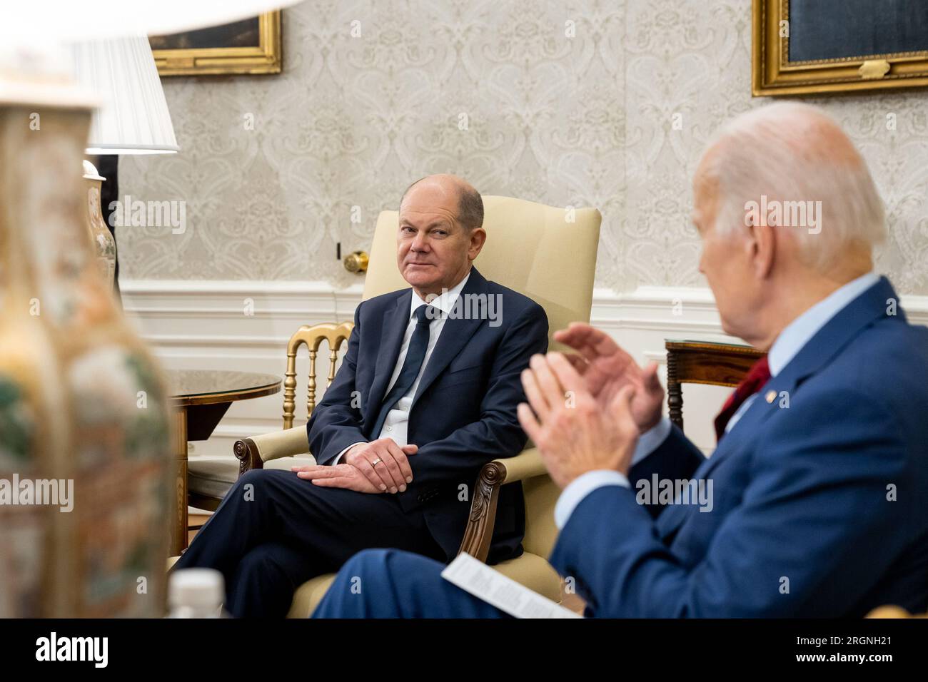 Reportage: President Joe Biden meets with German Chancellor Olaf Scholz, Friday, March 3, 2023, in the Oval Office of the White House. Stock Photo