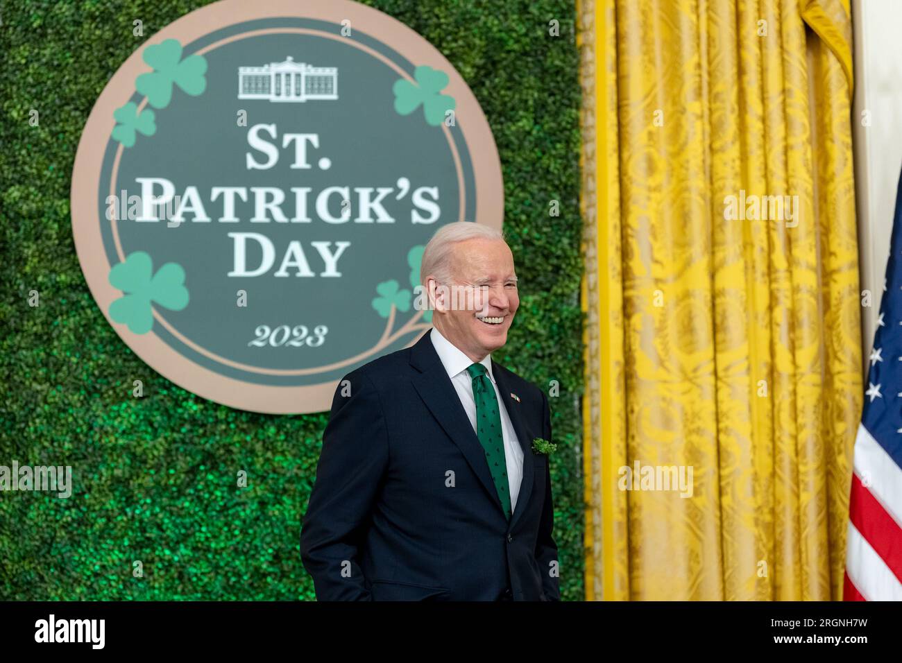 Reportage: St. Patrick's Day at the White House (2023) - President Joe Biden looks on as the Taoiseach of Ireland Leo Varadkar delivers remarks at a St. Patrick’s Day reception, Friday, March 17, 2023, in the East Room of the White House. Stock Photo