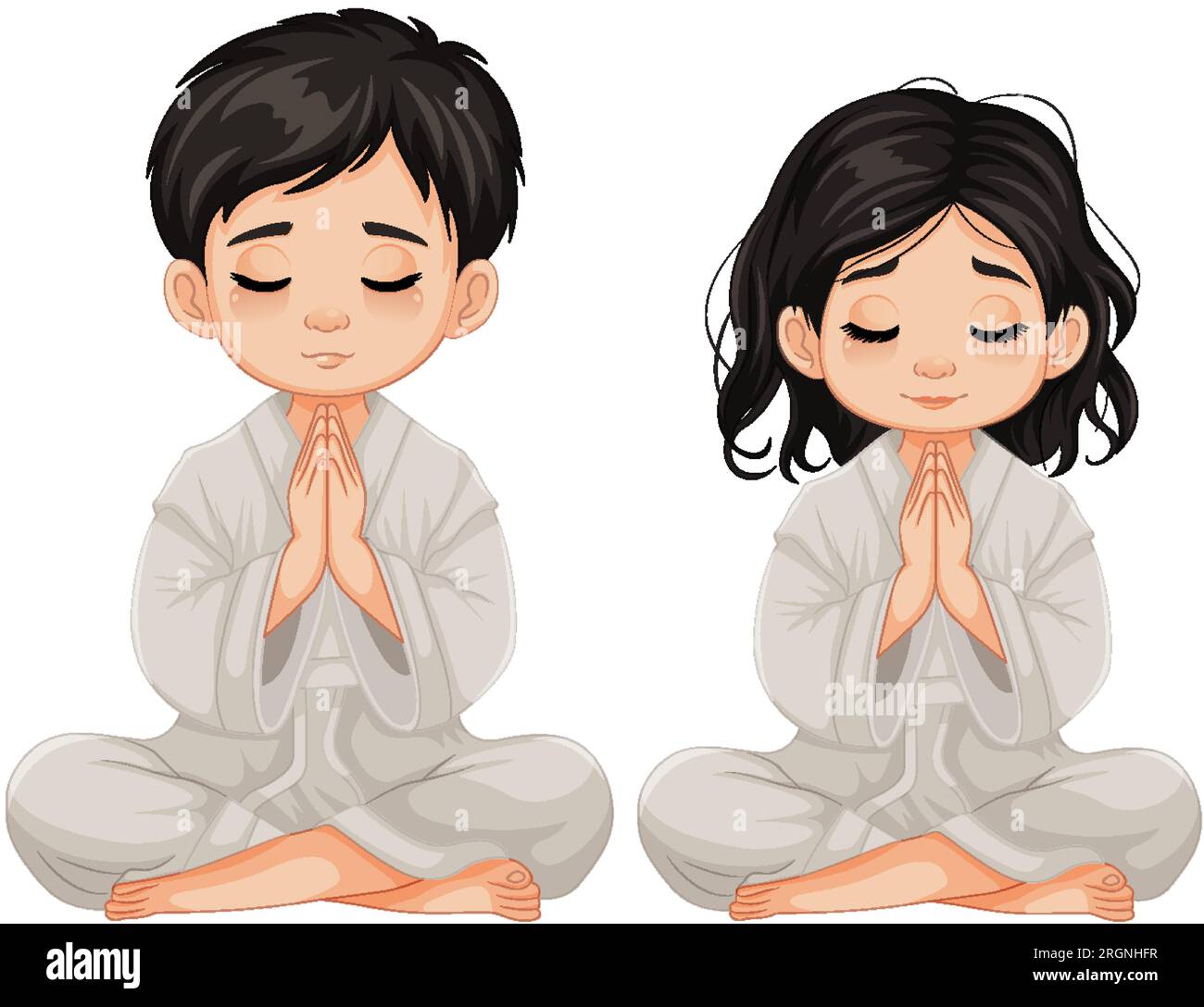 A cartoon illustration of a boy and girl sitting and meditating with ...