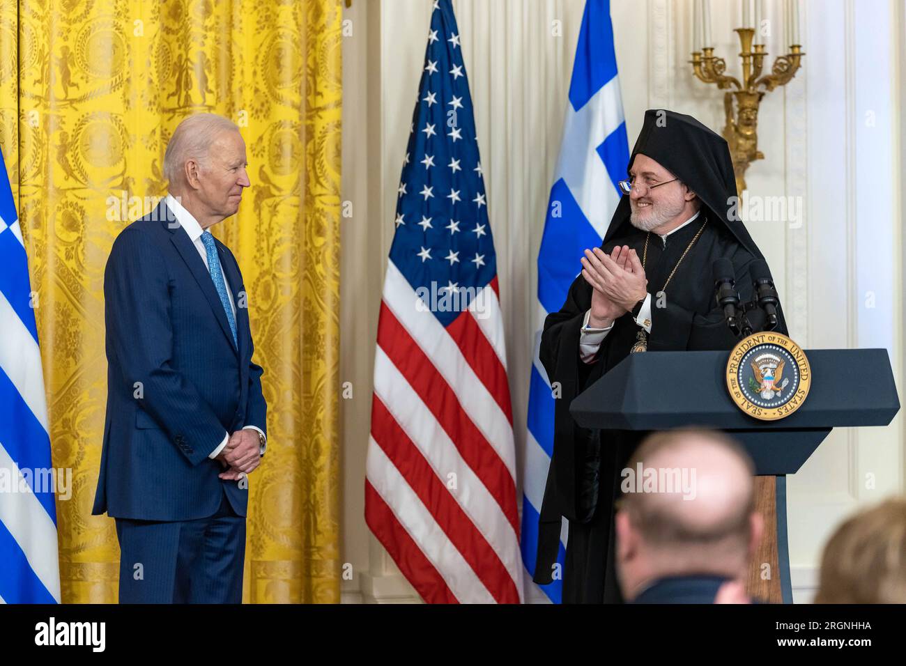 Reportage: Archbishop Elpidophoros delivers remarks at a Greek Independence Day reception, Wednesday, March 29, 2023, in the East Room of the White House. Stock Photo
