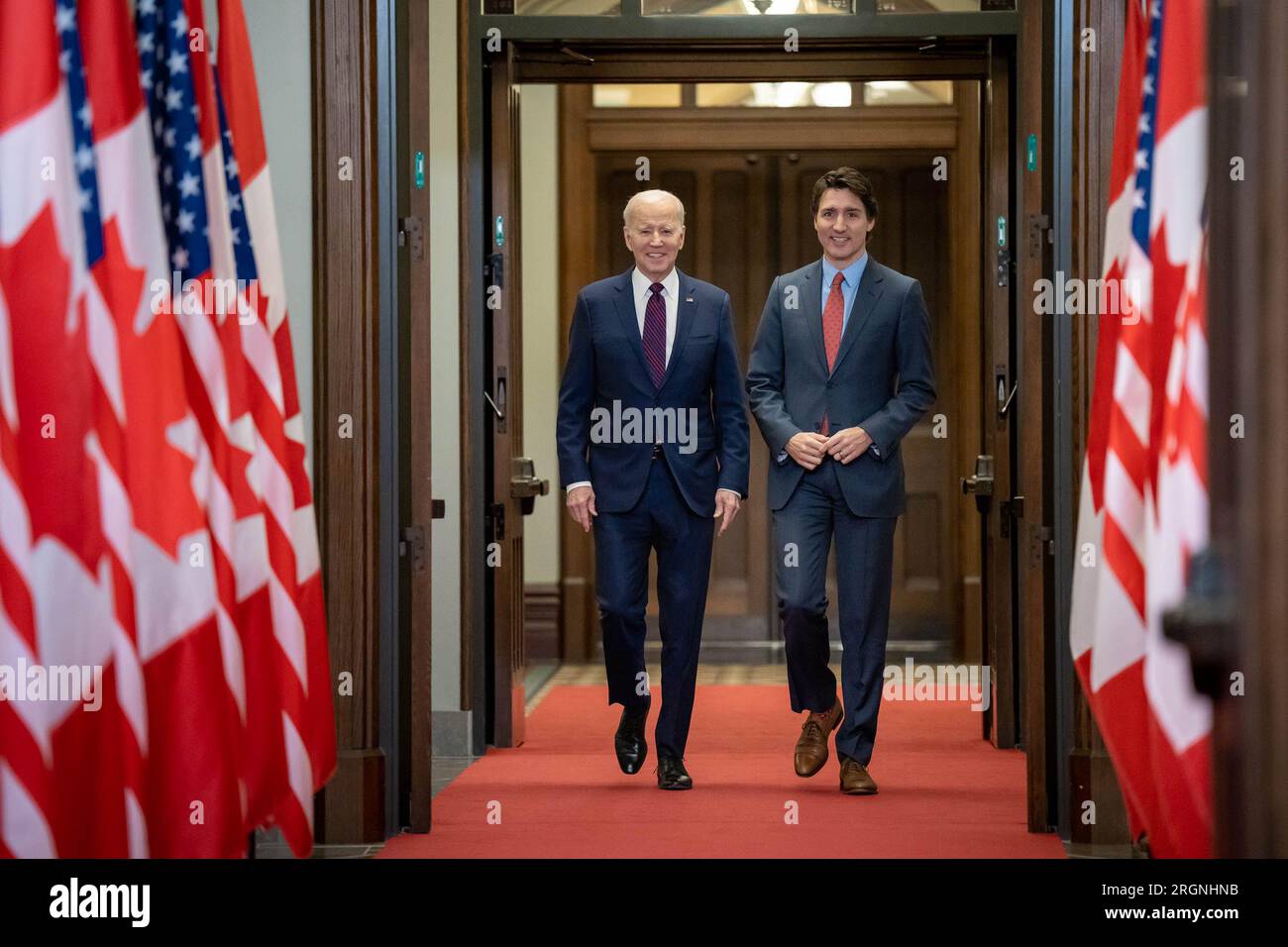 Reportage: President Biden visit to Ottawa Canada (2023) - President Joe Biden participates in a welcome ceremony with Canadian Prime Minister Justin Trudeau, Friday, March 24, 2023, at Parliament Hill in Ottawa, Ontario, Canada. Stock Photo