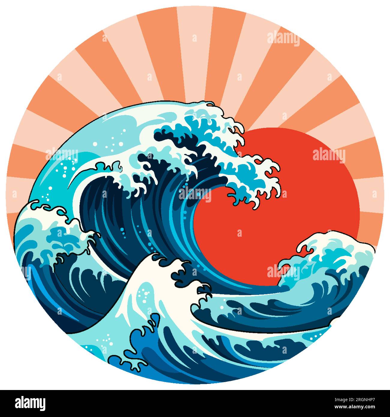 Illustration of traditional Japanese wave with red sun and retro comic