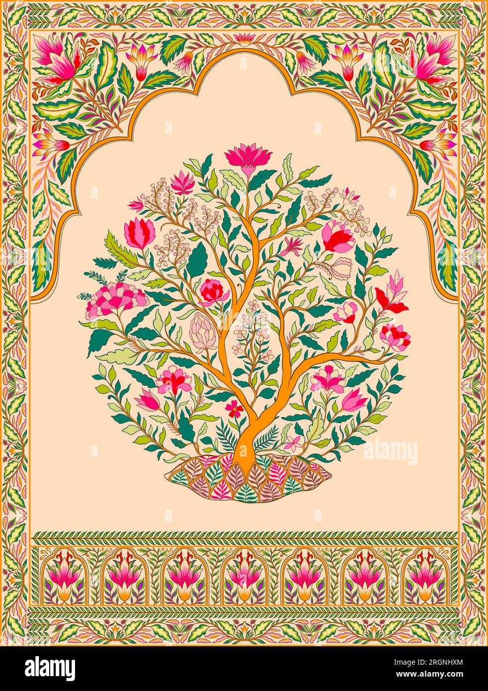 Mughal decorative ornamental tree for arch. Indian intricate traditional mughal style with tree flowers and foliage. Stock Vector