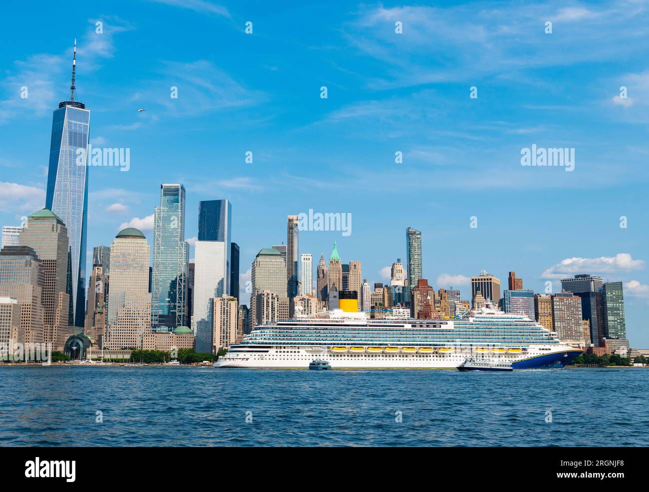 Cruise ship York. Skyline of New York Manhattan cruising on the Hudson