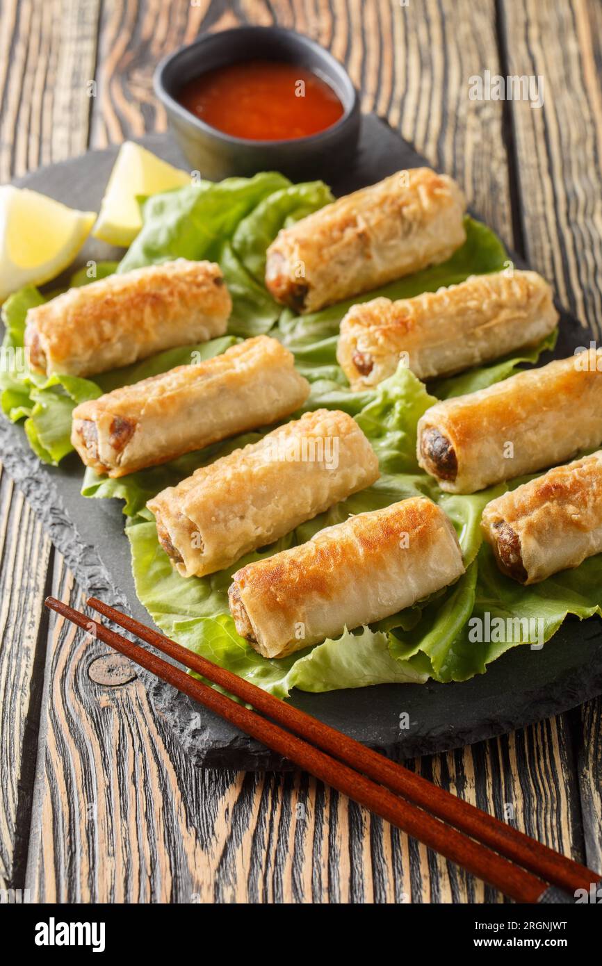 Cha gio or nem ran or fried spring roll, is a popular dish in Vietnamese cuisine closeup on the plate on the table. Vertical Stock Photo
