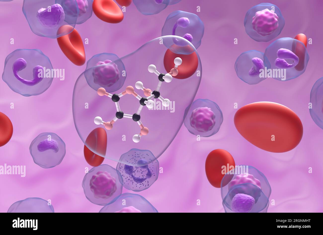 Vitamin c (ascorbic acid) structure in the blood flow  ball and stick closeup view 3d illustration Stock Photo