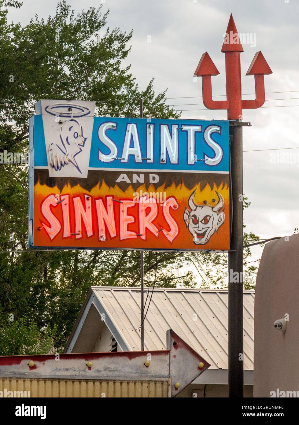 Sinners and Saints pub sign in Santa Fe, NM Stock Photo