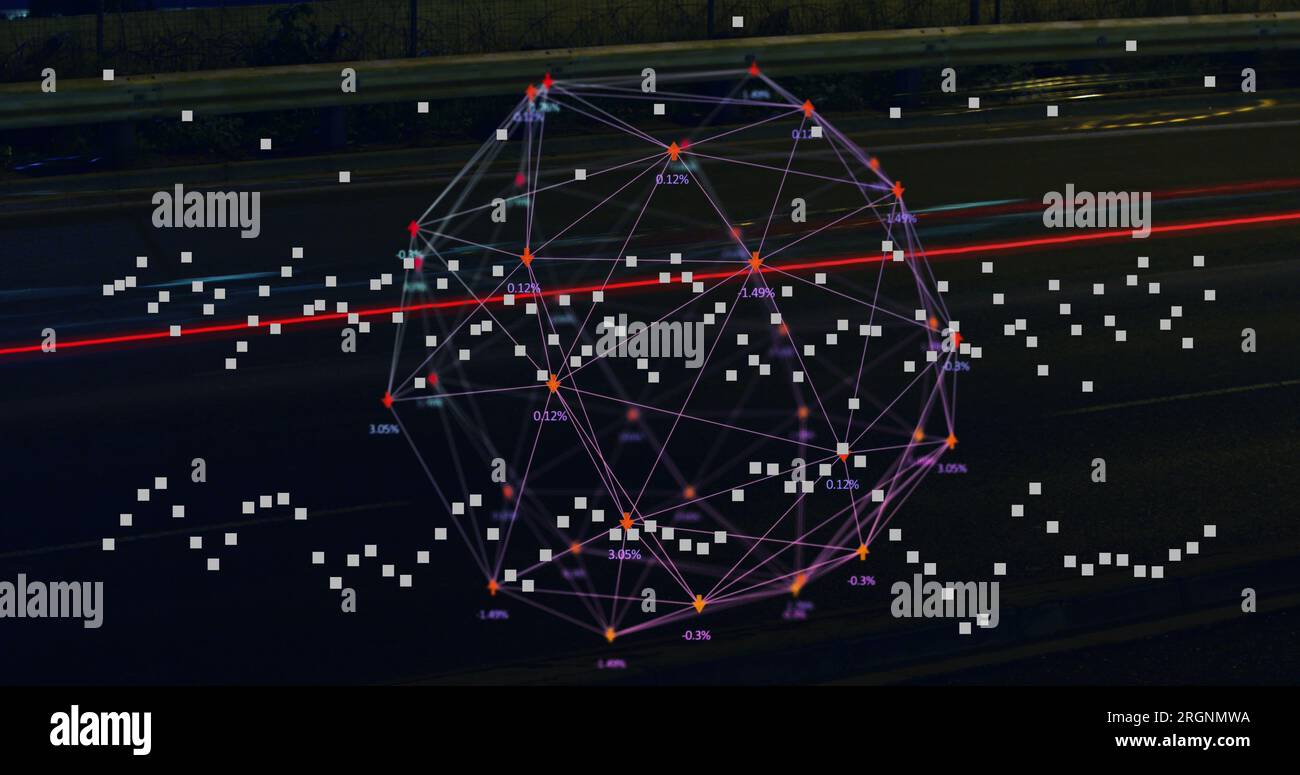 Image of squares and network of connections with icons over cars on ...