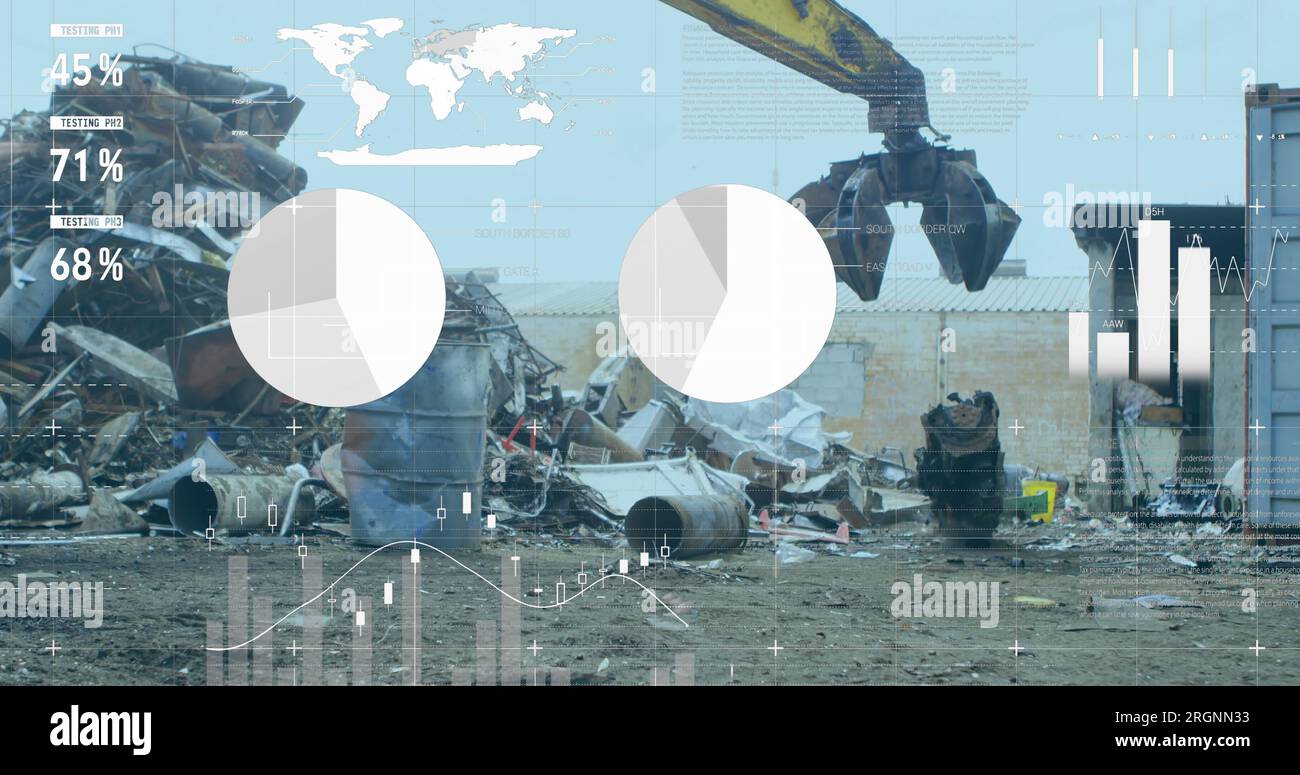 Image of infographic interface over scrap shearing machine pilling up metal scrap Stock Photo