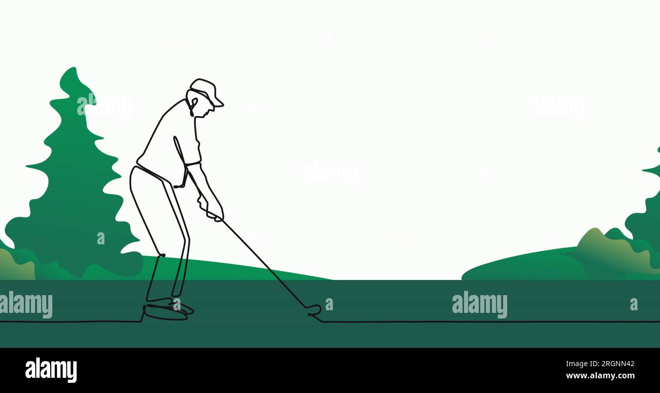 Image of drawing of male golf player over trees Stock Photo