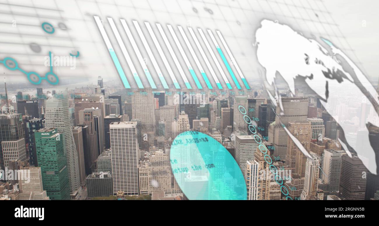 Image of statistical data processing against aerial view of cityscape ...