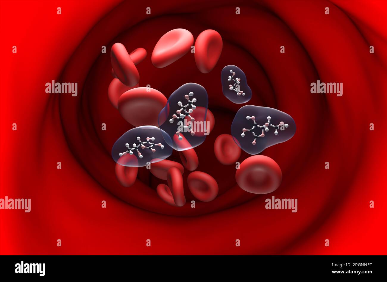Vitamin c (ascorbic acid) structure in the blood flow  ball and stick section view 3d illustration Stock Photo