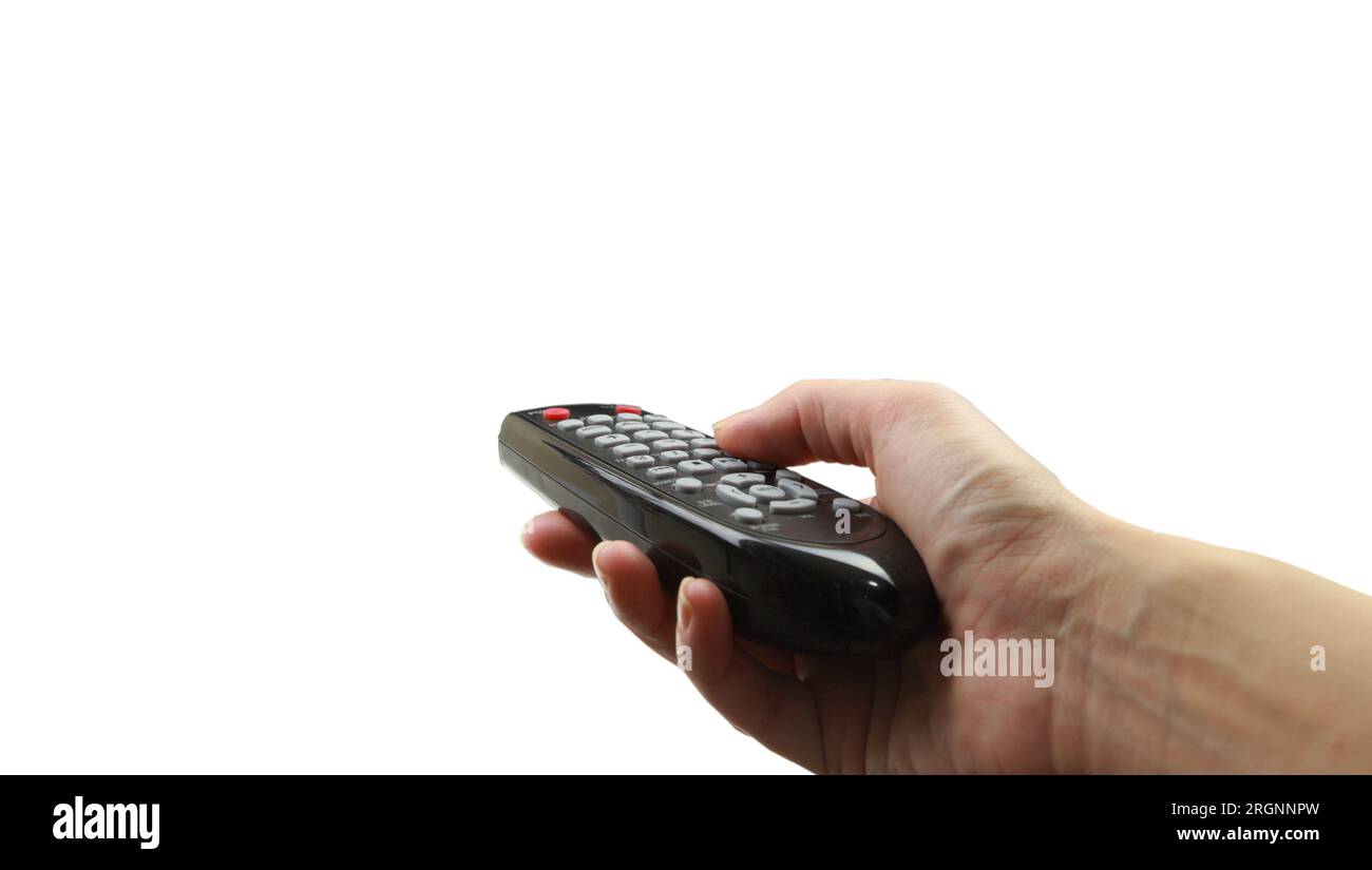 Remote control in hand isolated on white transparent background Stock Photo