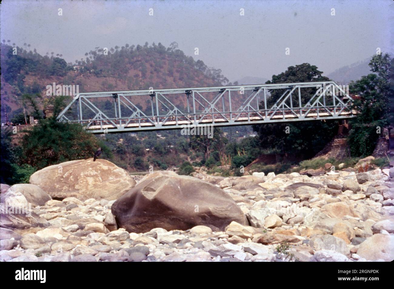 Metal Bridge over Gomti River, Bageshwar, Utter Pradesh, India Stock Photo