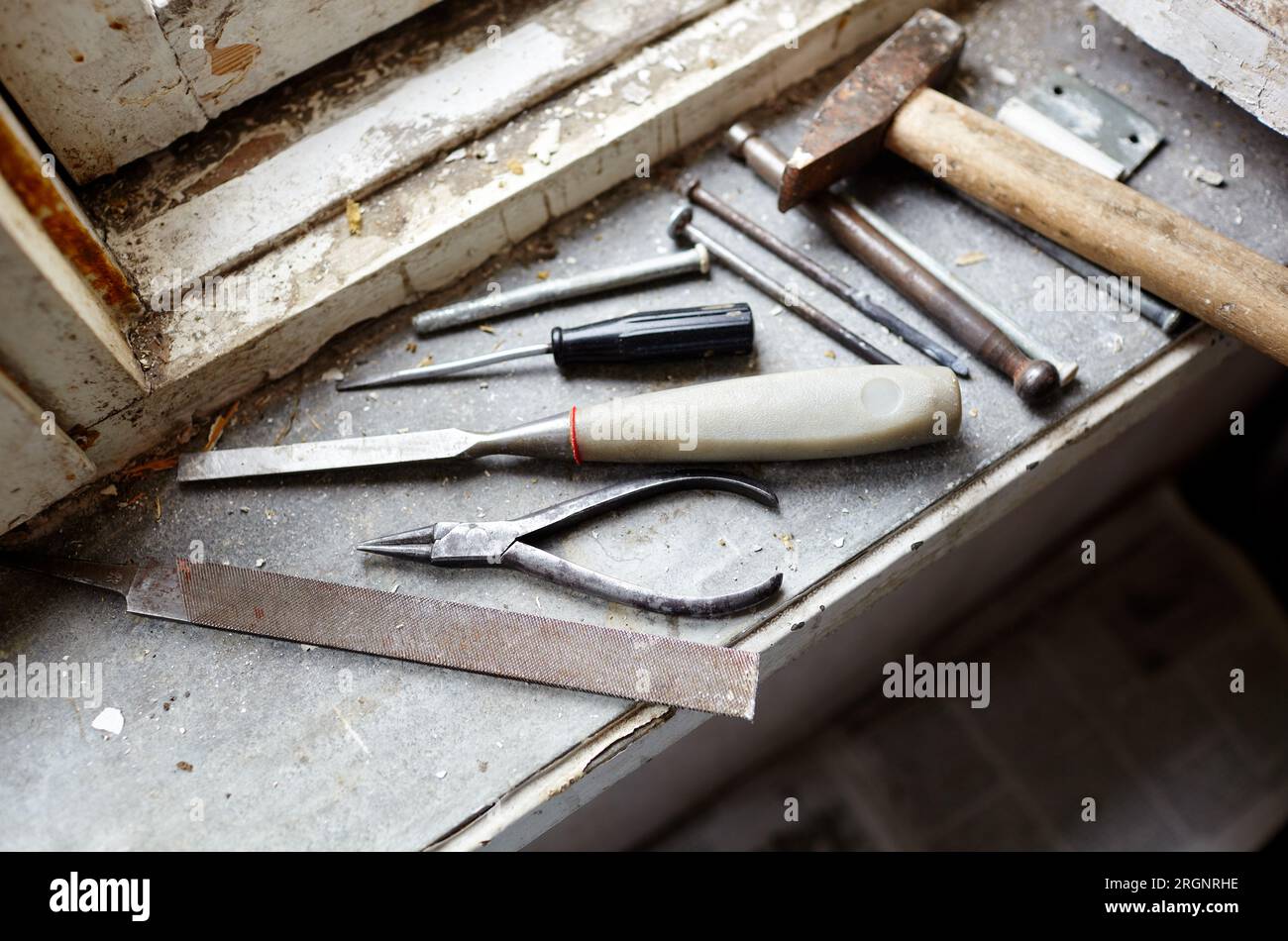 Repairing old damaged window or dismantling before installing new, closeup. Repairing a window