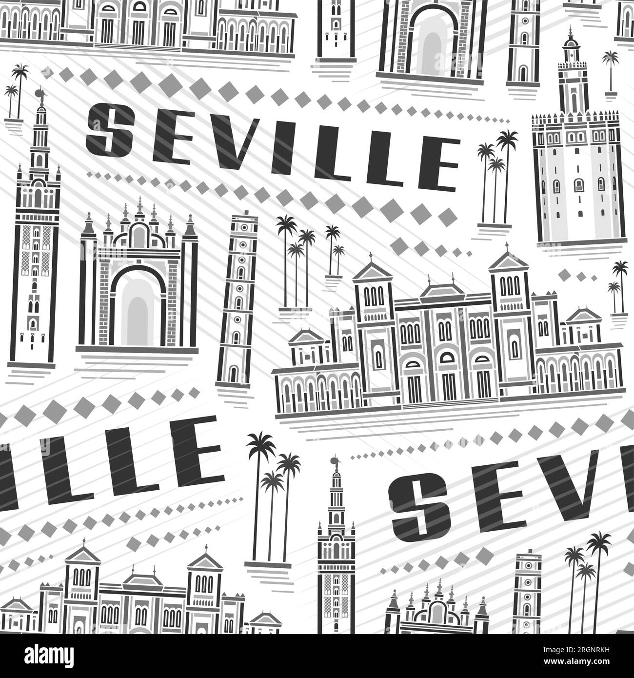 Vector Seville Seamless Pattern, repeating background with outline illustration of famous european seville city scape on white background, grey monoch Stock Vector