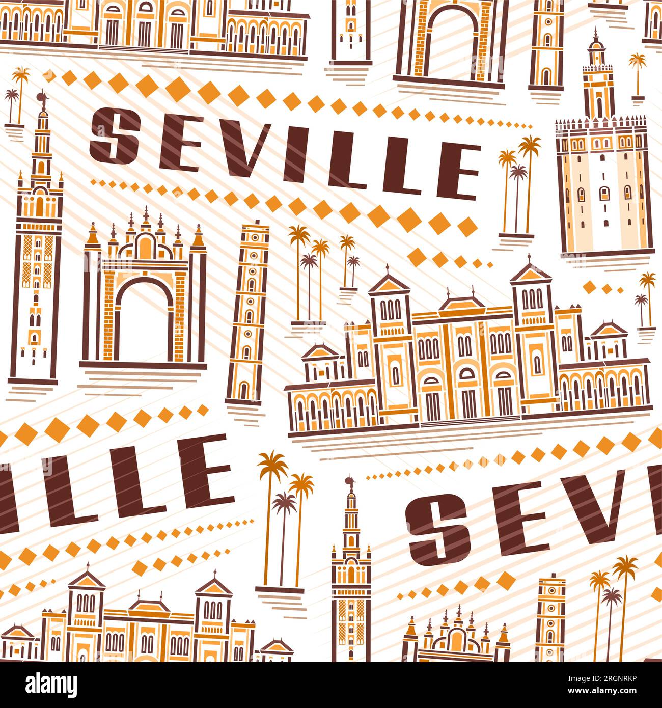 Vector Seville Seamless Pattern, square repeat background with illustration of famous european seville city scape on white background, decorative line Stock Vector