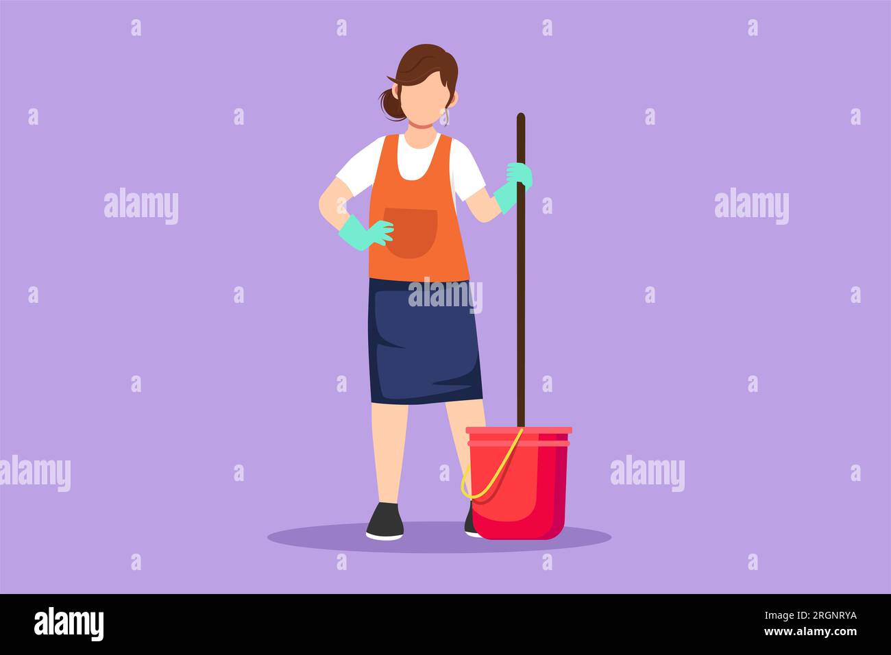 Graphic flat design drawing beautiful woman with buckets and mops. Cleaning service. Female dressed in uniform with cleaning equipment. Professional c Stock Photo