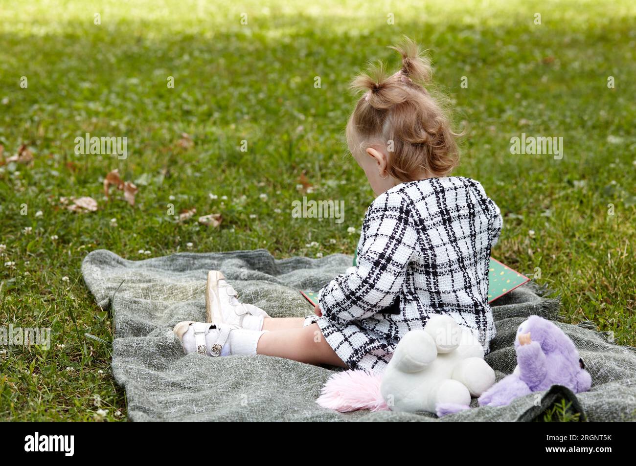 Beautiful baby girl sitting on the plaid. Child outdoor. Adorable ...