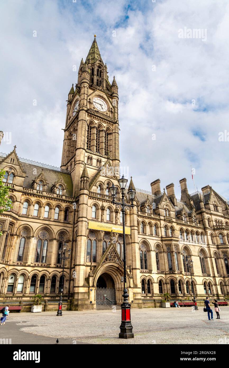 Exterior of Victorian, neo-gothic Manchester Town Hall, St Peter's Square, Manchester, England, UK Stock Photo