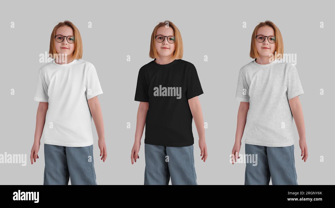 Mockup of a white, black, heather kid's t-shirt on a posing girl in glasses, jeans, isolated on a background. Summer shirt template, clothing for bran Stock Photo
