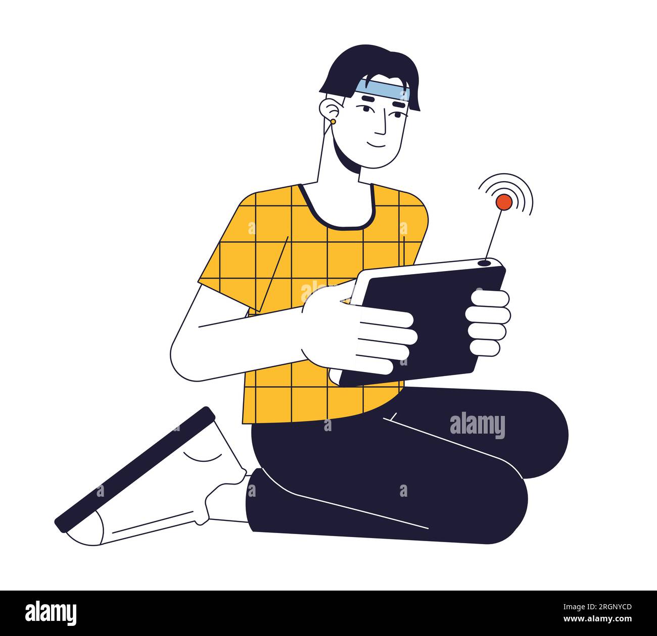 Happy asian man with wireless control console flat line color vector character Stock Vector