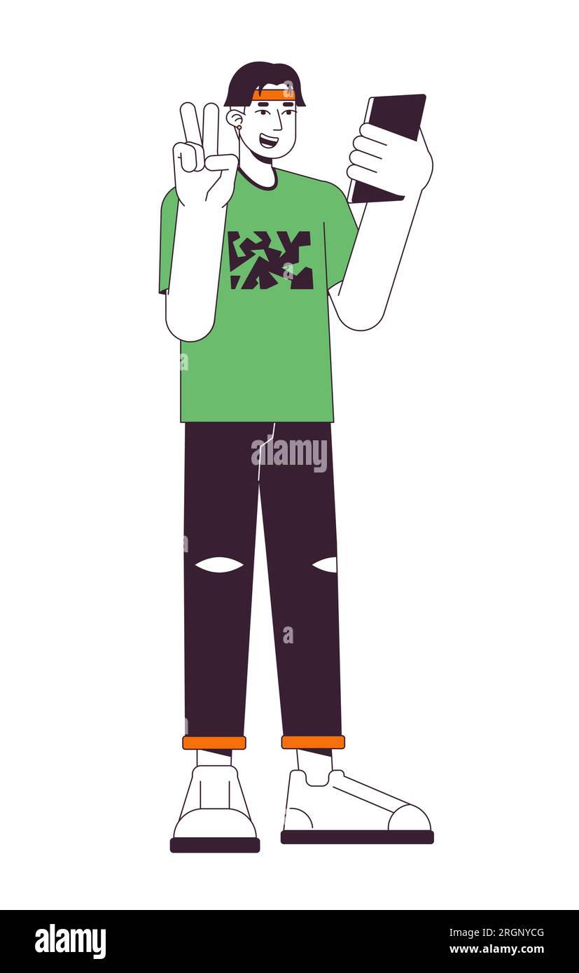 Cheerful asian man using gadget flat line color vector character Stock Vector