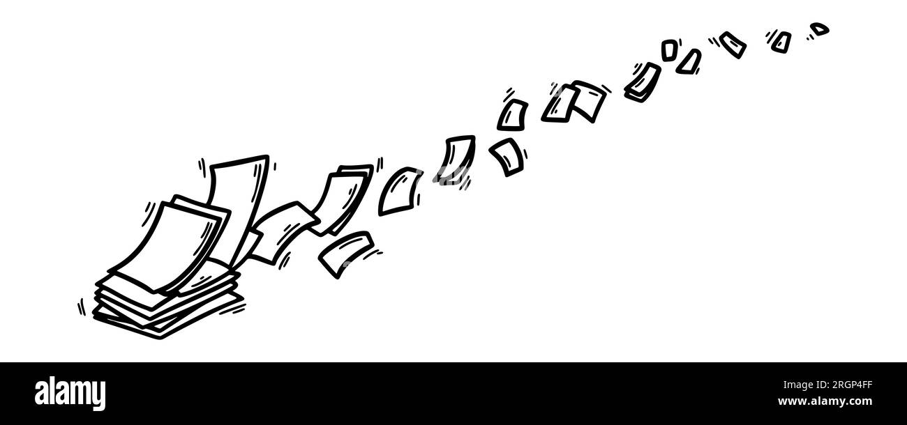 Flying paper sheets in doodle style. Hand drawn blank document pages