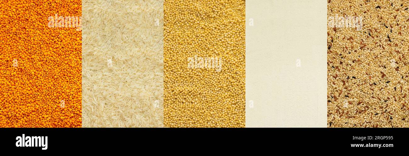 Various grain cereals banner, top view, orange lentils and white rice ...