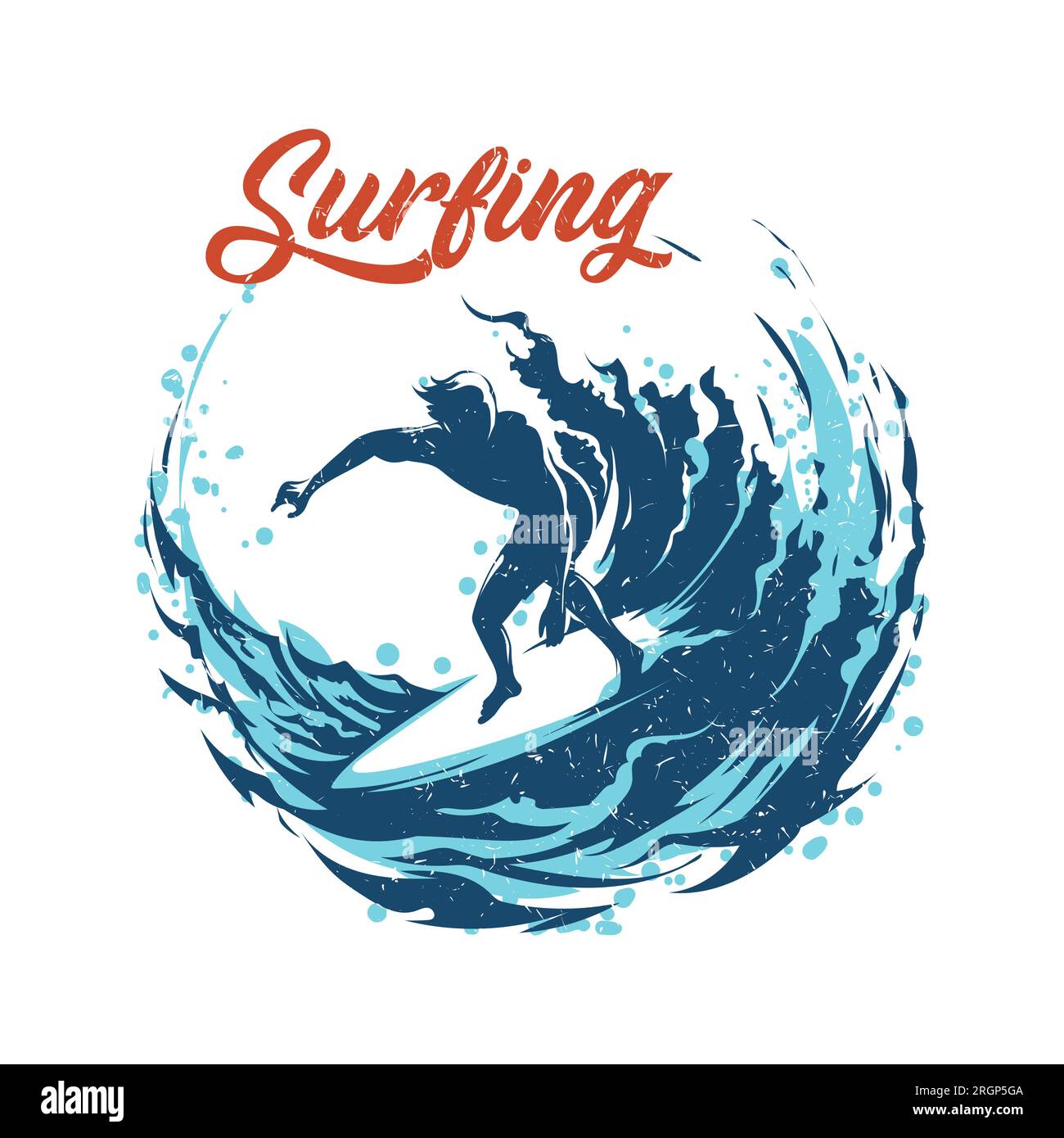 Retro Grunge Emblem of Surfiing Man and Big Ocean Wave colored print temlate isolated on white. Vector illustration Stock Vector