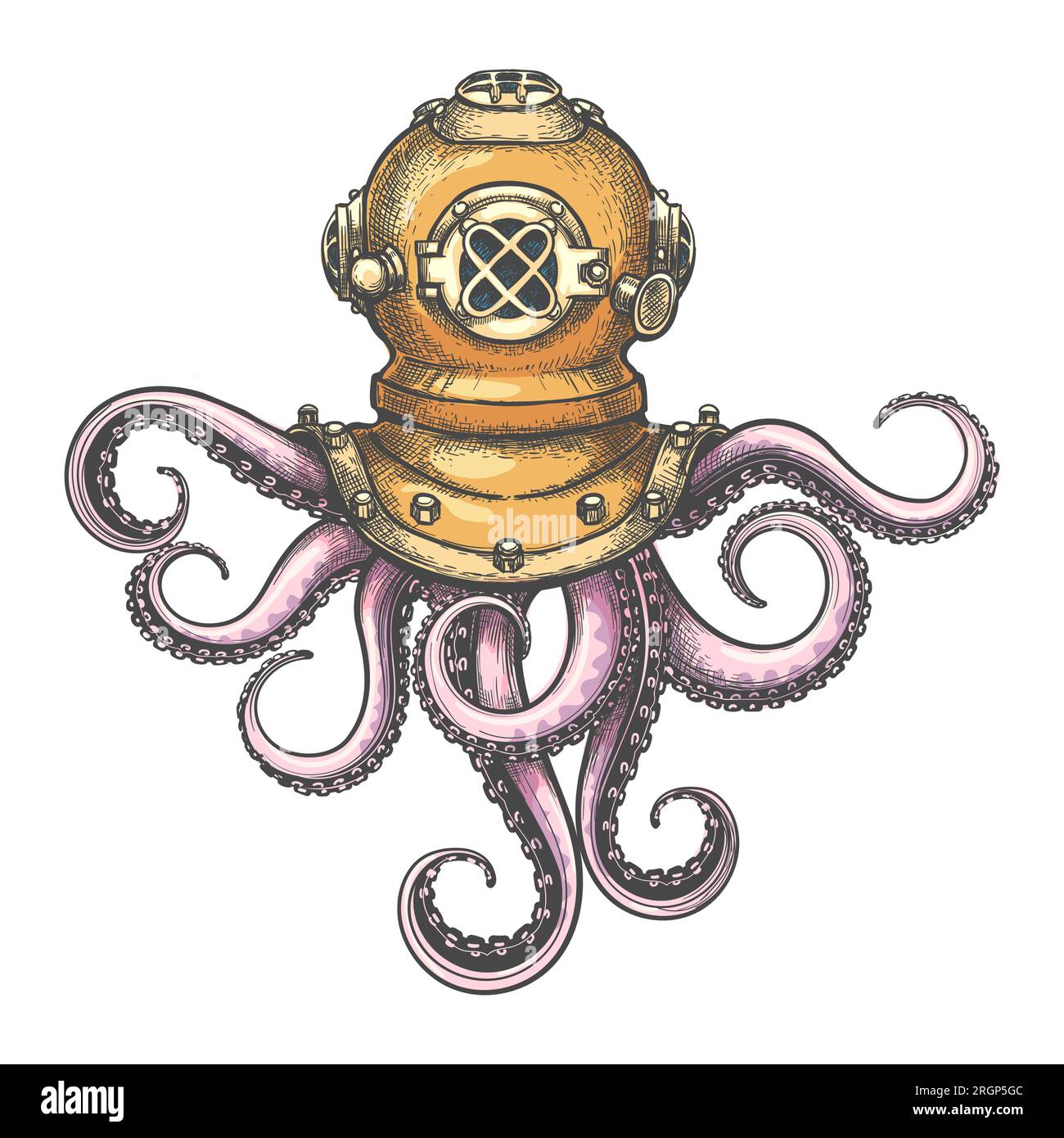 Octopus in Retro Diving Helmet colored Engraving Tattoo isolated on white. Vector illustration. Stock Vector