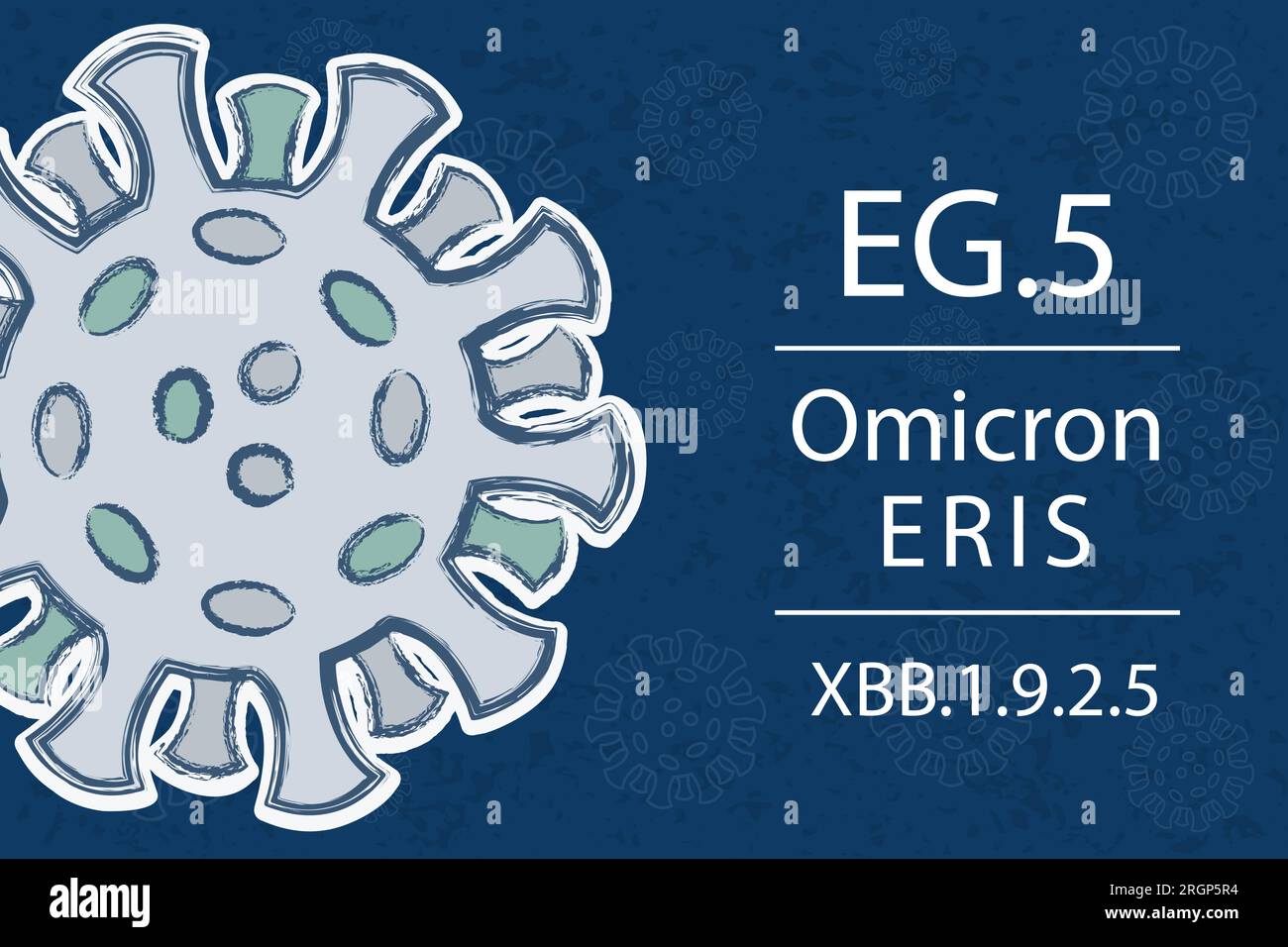 A new Omicron variant EG.5 alias XBB.1.9.2.5. Also known as Eris. White text on dark blue background with image of coronavirus. Stock Vector