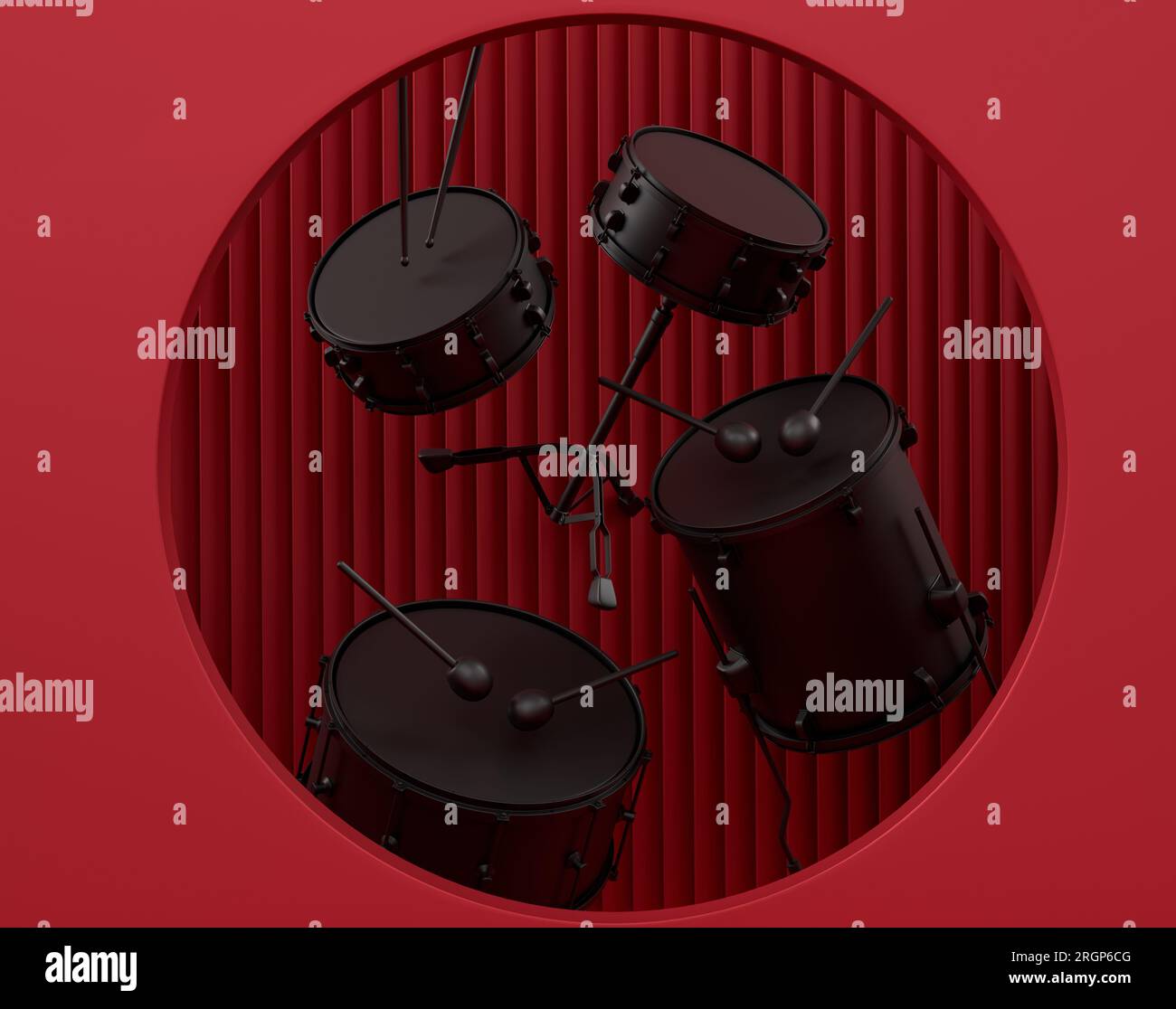 Acoustic guitars and drums with cymbals on podium or pedestal on