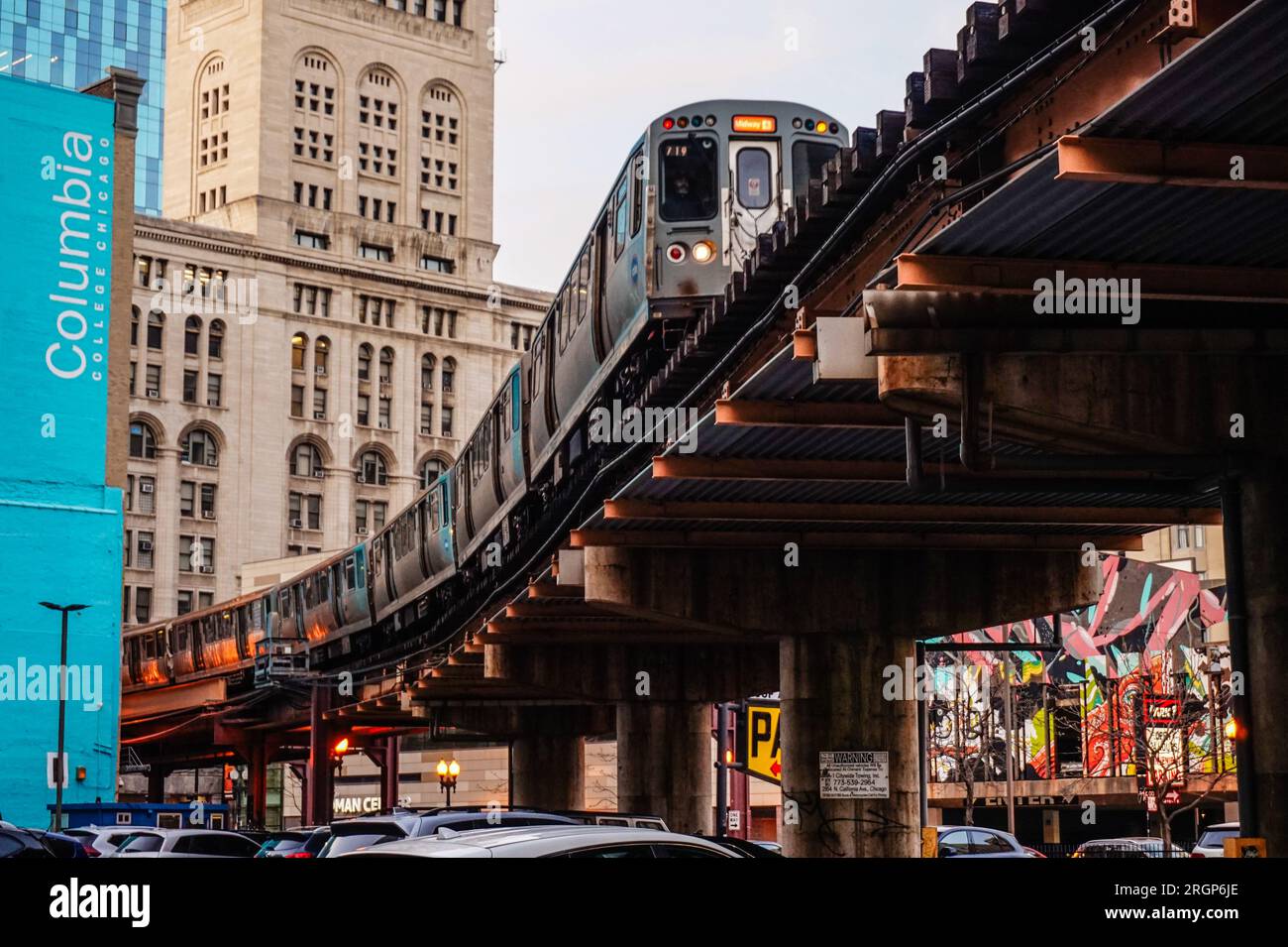 Elevated train on railroad track at Chicago Stock Photo