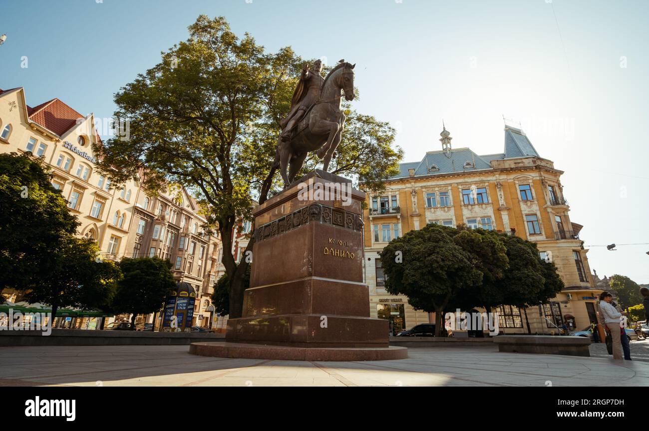 Low angle view of King Danylo Monument at Halytska Square. Bronze ...