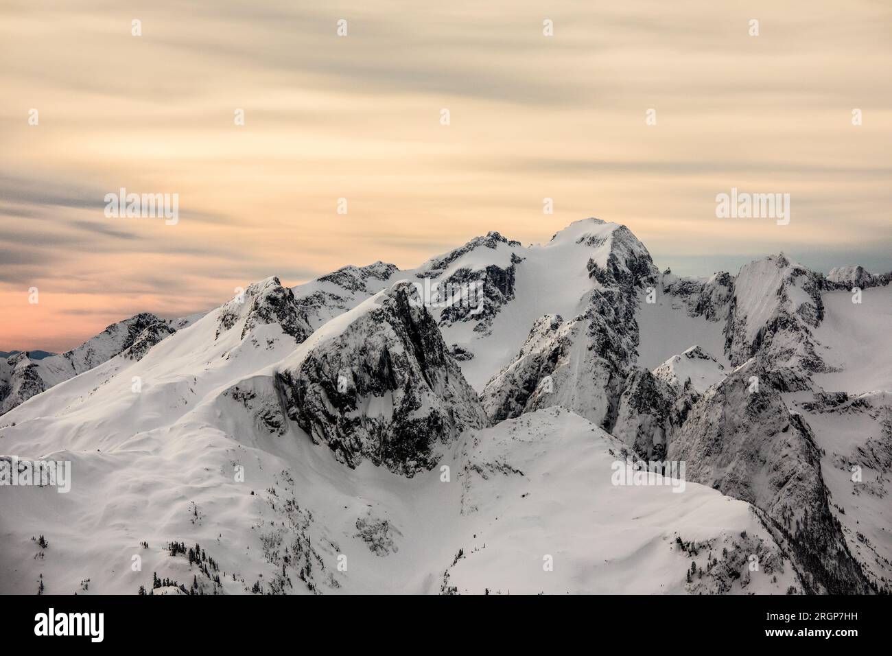 snow covered rugged Coast Mountains near Vancouver. Stock Photo