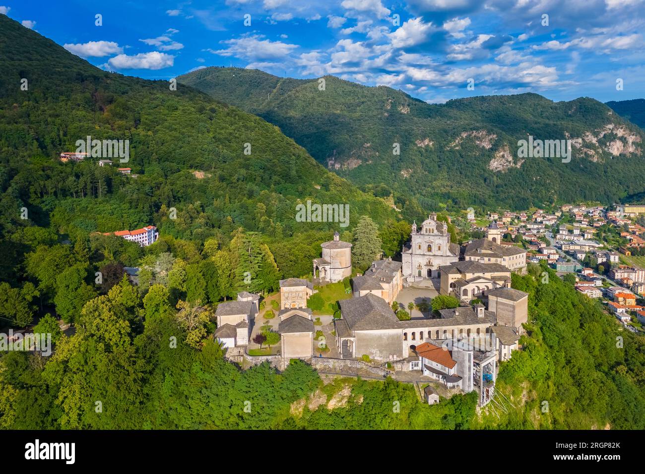 Aerial view of the Sacro Monte of Varallo Sesia, Vercelli district, Piedmont, Italy, Europe. Stock Photo