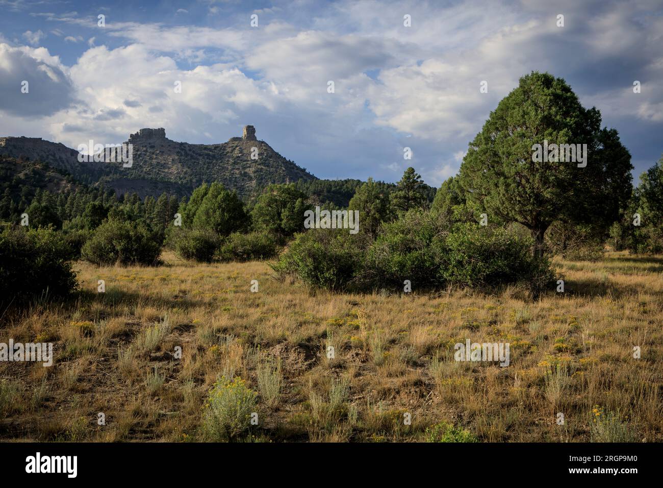 Dramatic clouds over Chimney Rock National Monument, Colorado. Stock Photo