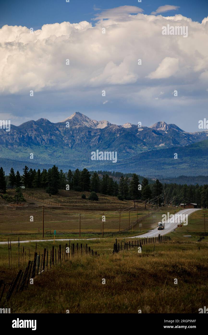 An RV drives through southern Colorado's San Juan Mountains Stock Photo