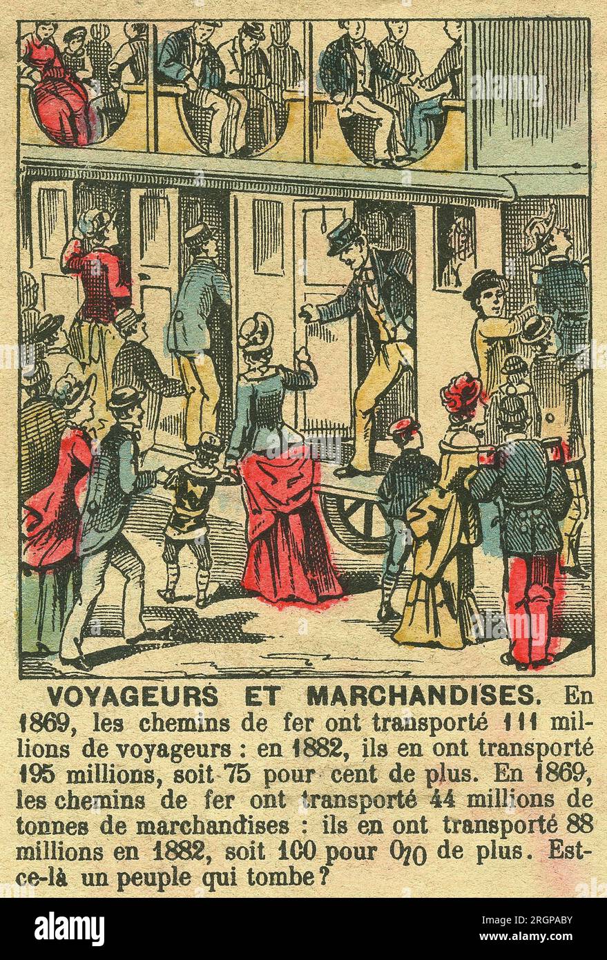 'Voyageurs et marchandises', illustration du developpement des transports par la IIIe Republique. Gravure, in 'Le Figaro, supplement', le 30031889, Paris. Stock Photo