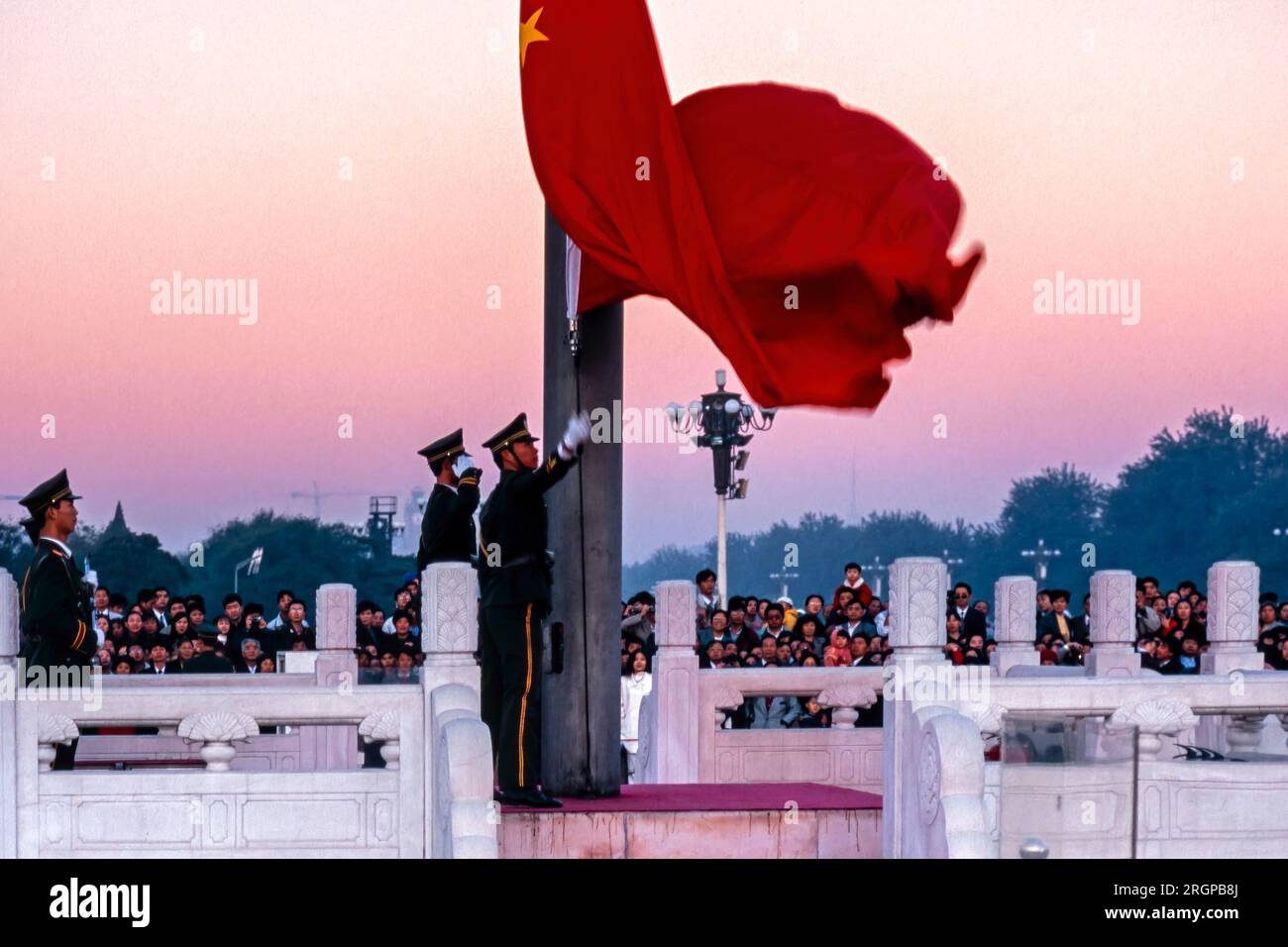 Chinese flag raised at dawn ceremony, Tiananmen Square, Beijing, China