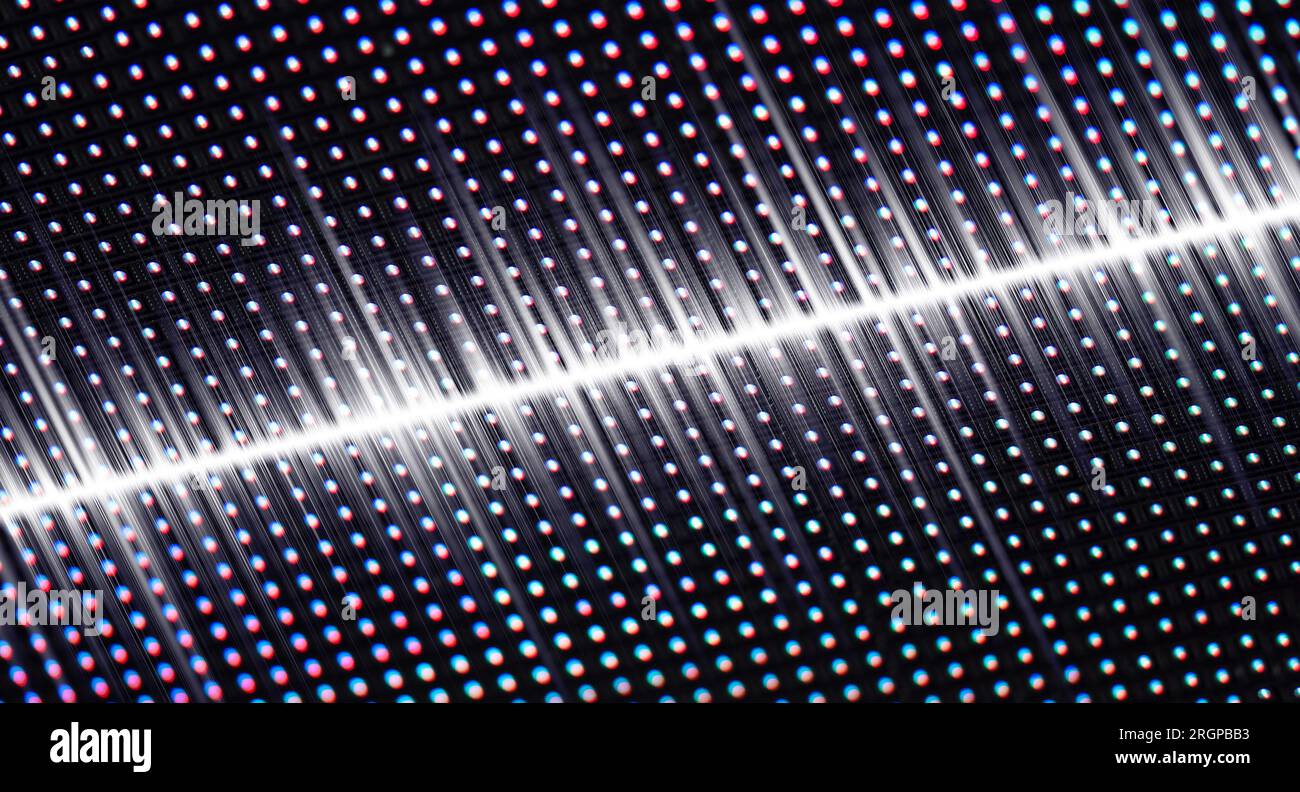 Sound wave on LED texture screen, digital video wall background. Deep blue and LED smd screen. Stock Photo