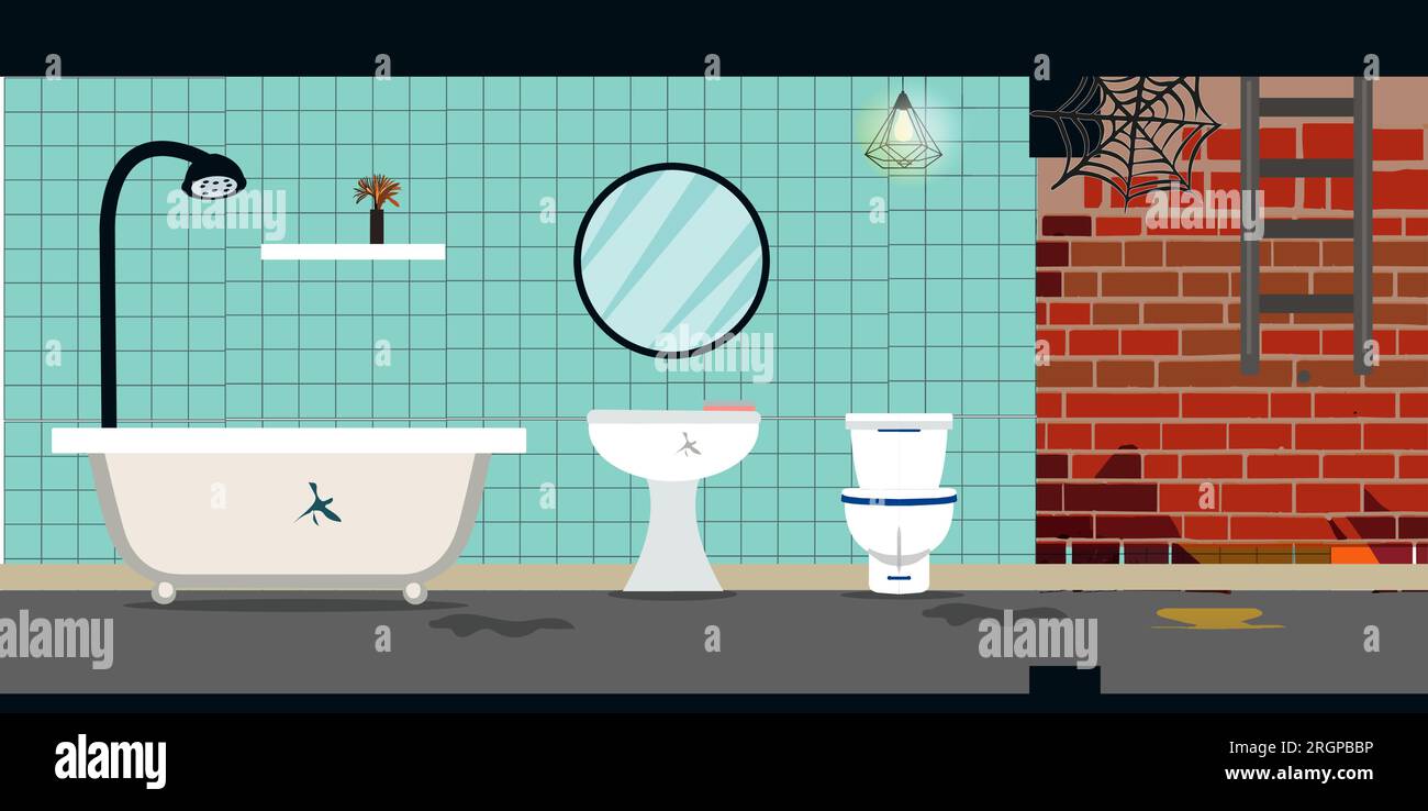 Bathroom in an old dirty apartment. brick wall, bath and shower, toilet.  For 2d games location. Vector illustration Stock Vector Image & Art - Alamy