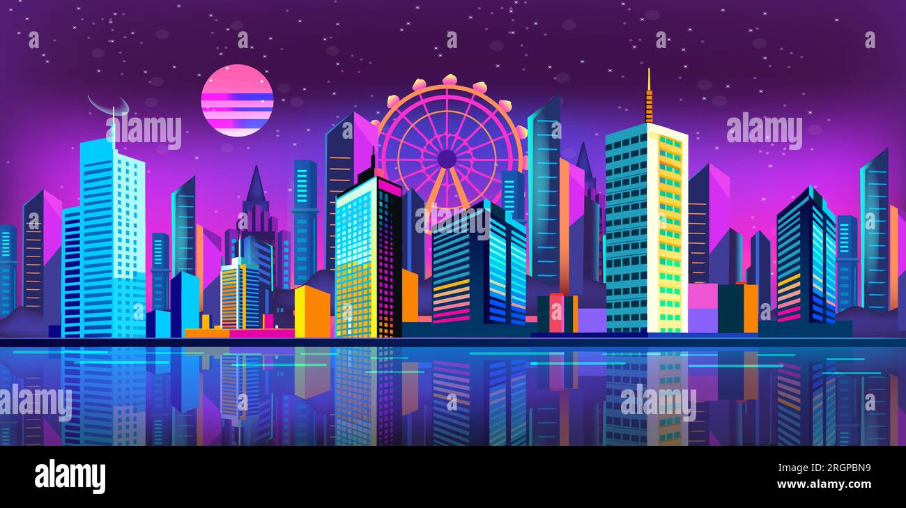 Futuristic night city flat design. Cityscape on a dark background with ...