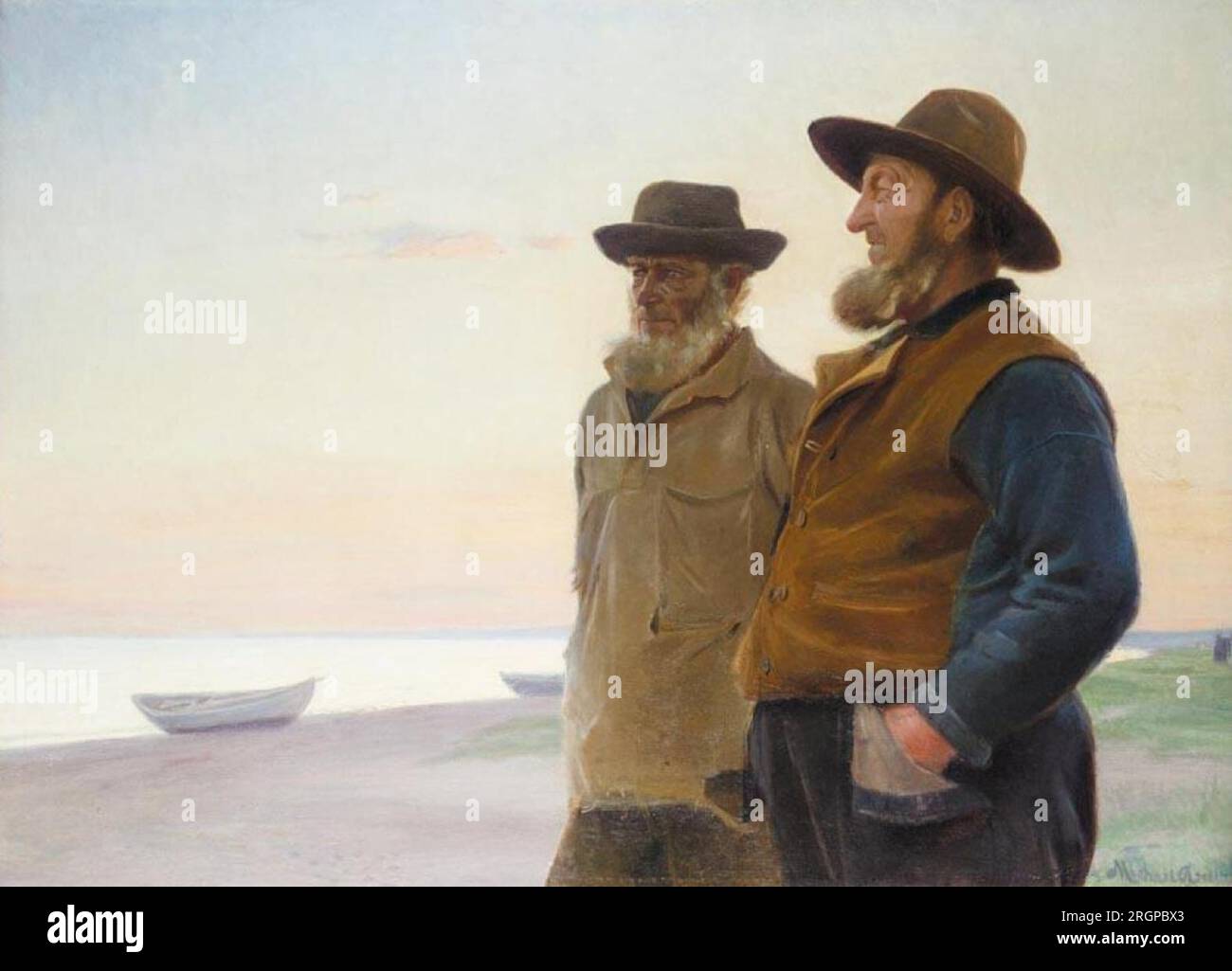 Ole Svendsen and Wolle (Ole Christoffersen) watching the sea as the sun sets. between 1867 and 1927 by Michael Peter Ancher Stock Photo
